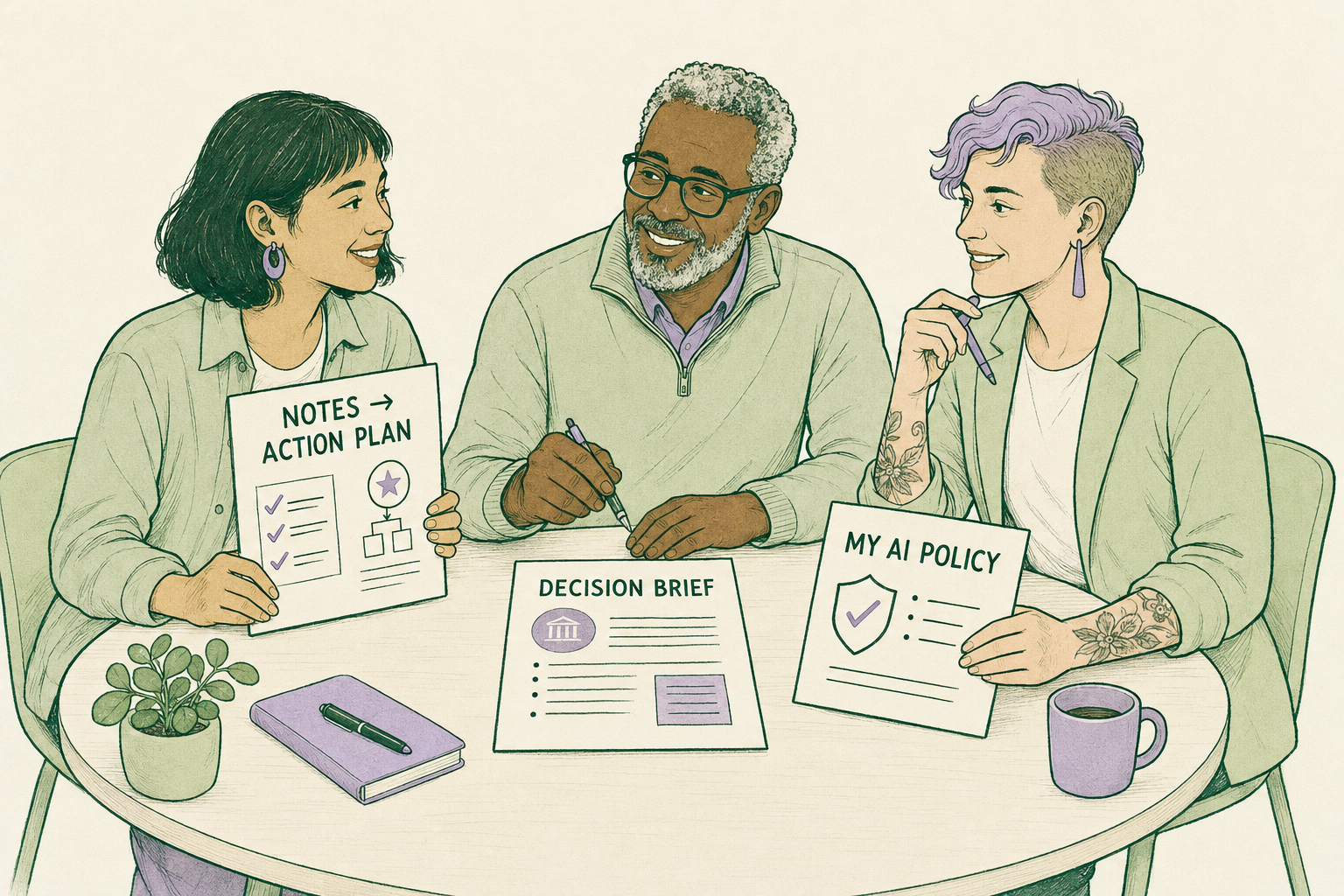 Three people creating an action plan, decision brief, and personal AI policy together